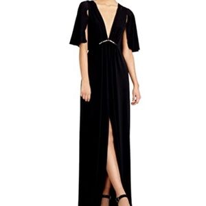 Halston Heritage Black Maxi Gown with Plunge Neckline and Flutter Sleeves